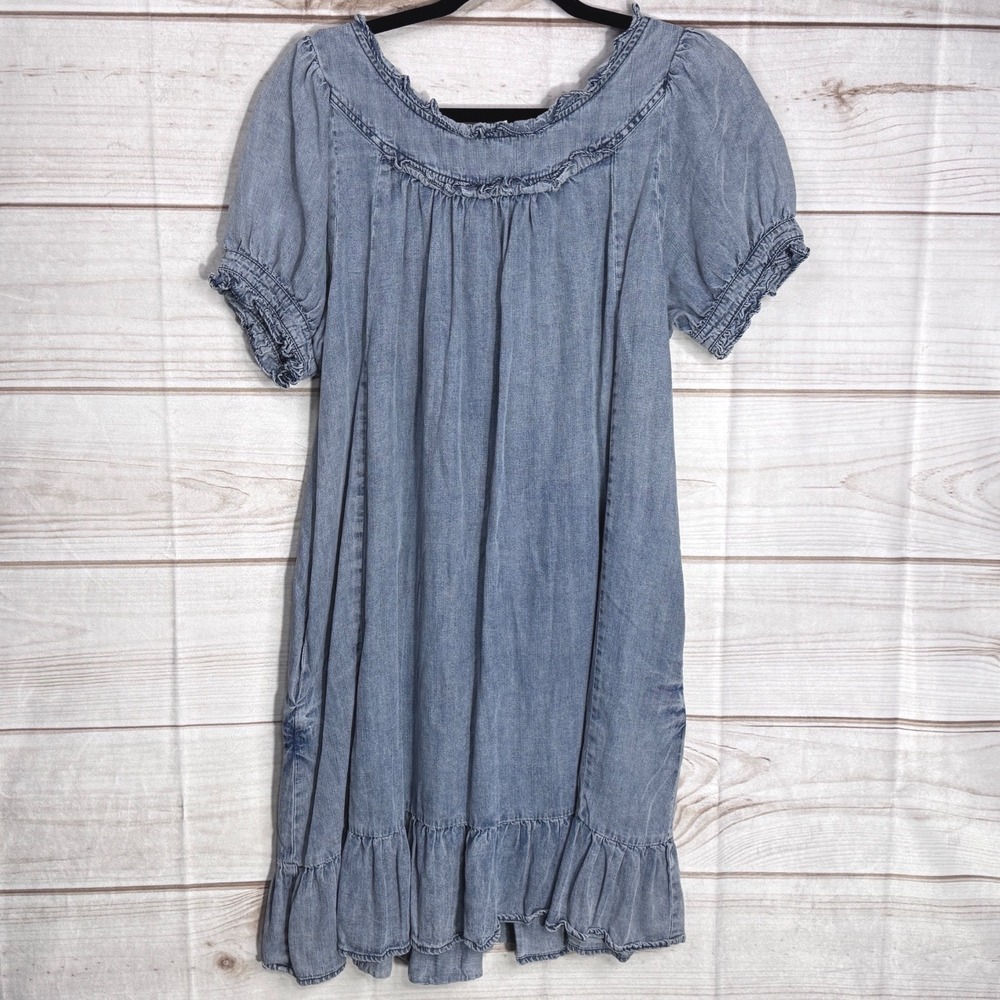 Easel Los Angeles Blue Denim Look Tencel‎ Babydoll Mini Dress Ruffle Small Boho - Picture 2 of 5